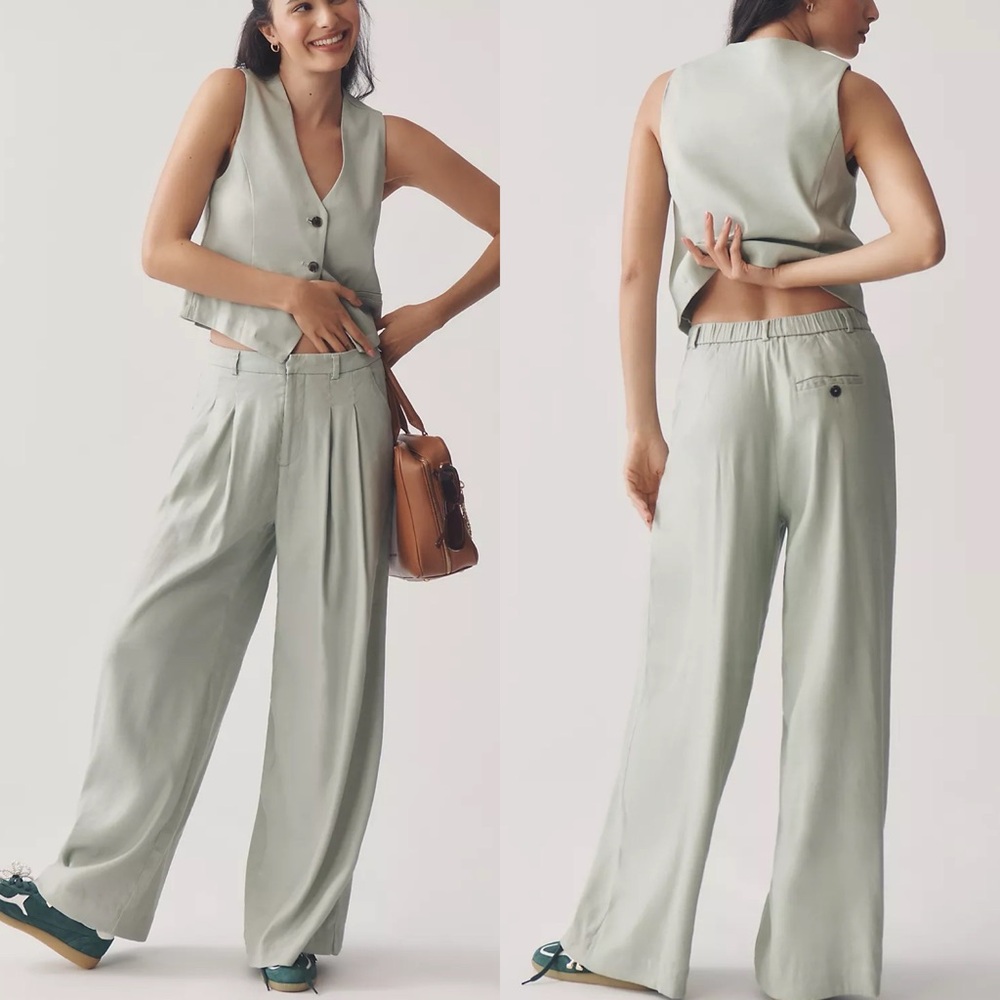 Anthropologie Light Sage Wide-Leg Pleated Trousers